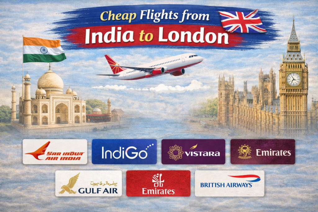 Infographic showing cheap flights from India to London with airplane graphic, Indian and UK landmarks, and major airline options for budget travel.