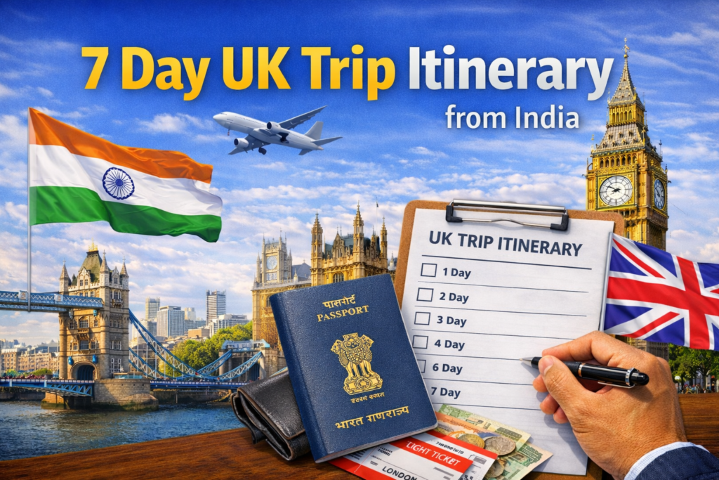 7 day UK trip itinerary for Indian tourists covering London Stonehenge Bath and Edinburgh with day by day budget plan 2026 - Roamvisa.com