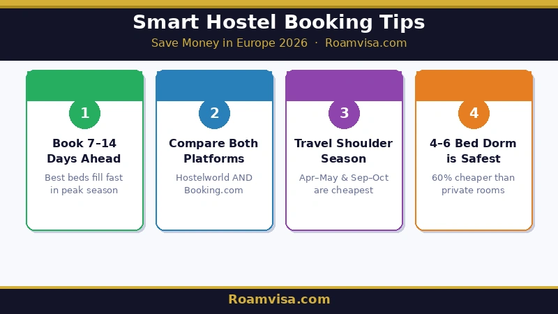 Smart hostel booking tips for solo travelers in Europe including advance booking shoulder season travel dorm vs private room guide 2026 – Roamvisa.com
