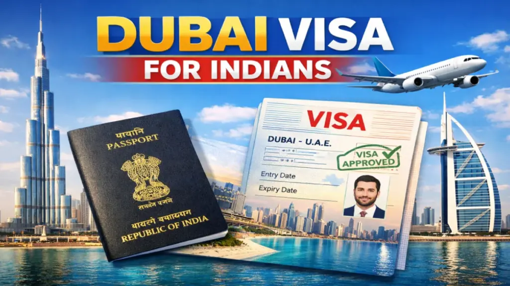 Dubai Visa for Indians sample UAE tourist visa sticker in passport with official entry permit details.