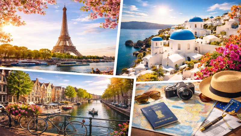 Popular European travel destinations including Paris Eiffel Tower Rome Colosseum Amsterdam canals and Santorini accessible to Indian tourists with a single Schengen Visa for Europe trip 2026 – Roamvisa.com


