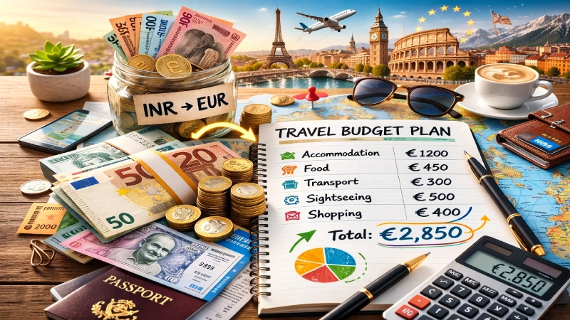 Complete cost breakdown of Schengen Visa application from India including EUR 90 visa fee VFS Global service charge travel insurance flight reservation and total expense for Indian travelers 2026 – Roamvisa.com