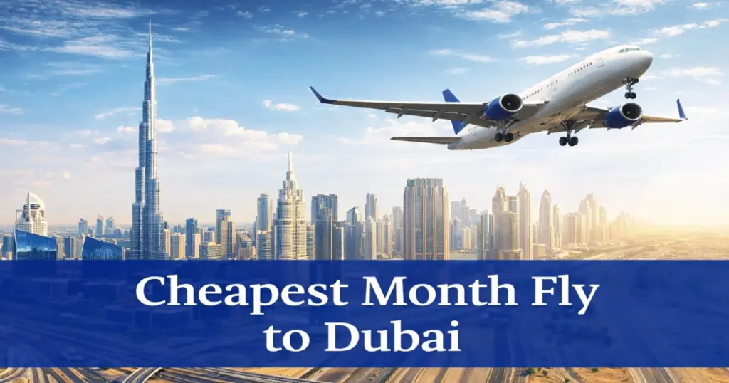 Cheapest month to fly to Dubai fare comparison guide for Indian travelers 2026 showing Dubai skyline budget flight tips monthly airfare chart - Roamvisa.com