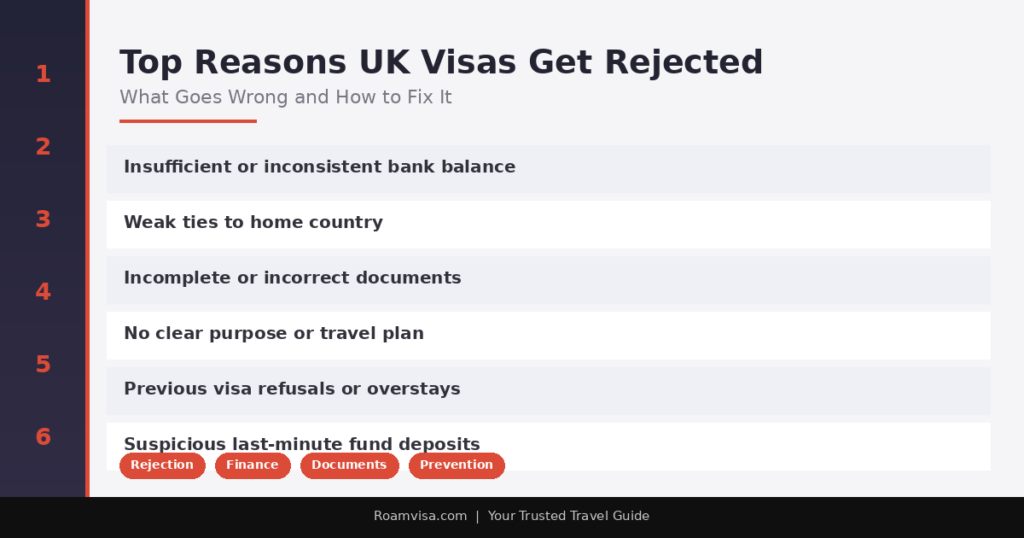 Numbered list of the six most frequent reasons why UK visa applications are refused