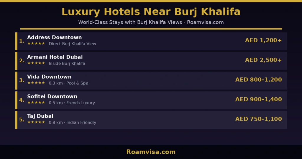 Top luxury hotels near Burj Khalifa Dubai including Armani Hotel Address Downtown and Vida Downtown with prices and star ratings 2026 – Roamvisa.com