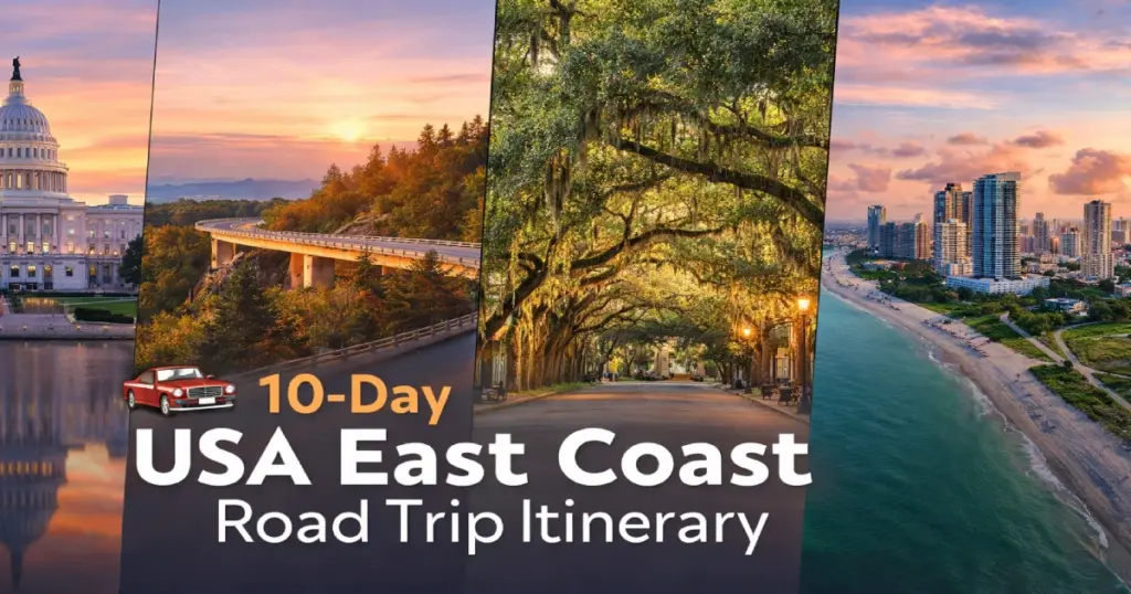 10-day USA East Coast road trip itinerary NYC to Miami showing New York skyline with Empire State Building Chrysler Building and One World Trade Center 2026 – Roamvisa.com