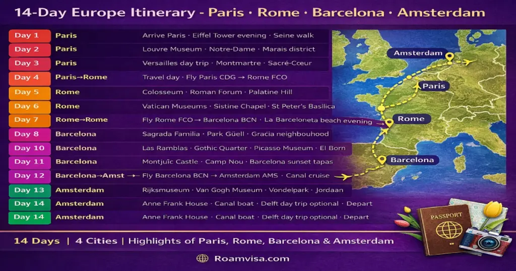 14-day Europe itinerary day-by-day overview showing all stops in Paris Rome Barcelona and Amsterdam