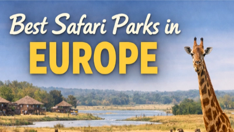 Family car on a European drive-through safari road with lions, giraffe and acacia trees best safari parks Europe 202