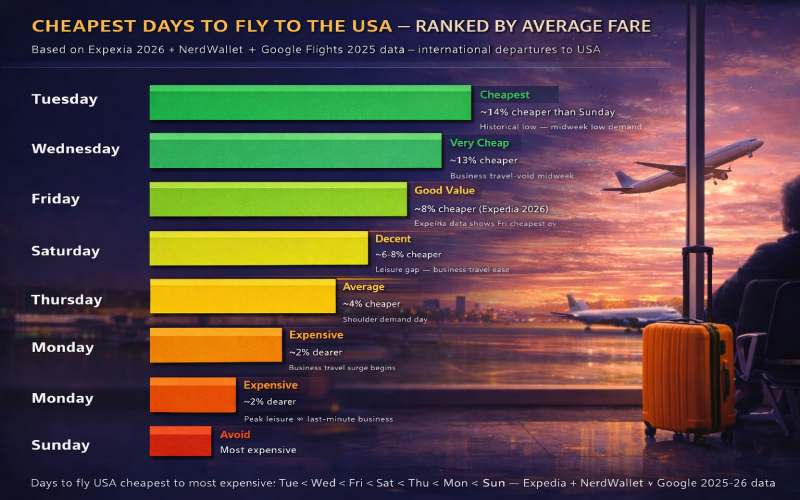 Cheapest days fly USA ranked bar chart - Tuesday 14% cheaper Wednesday 13% Friday 8% Saturday Sunday most expensive 