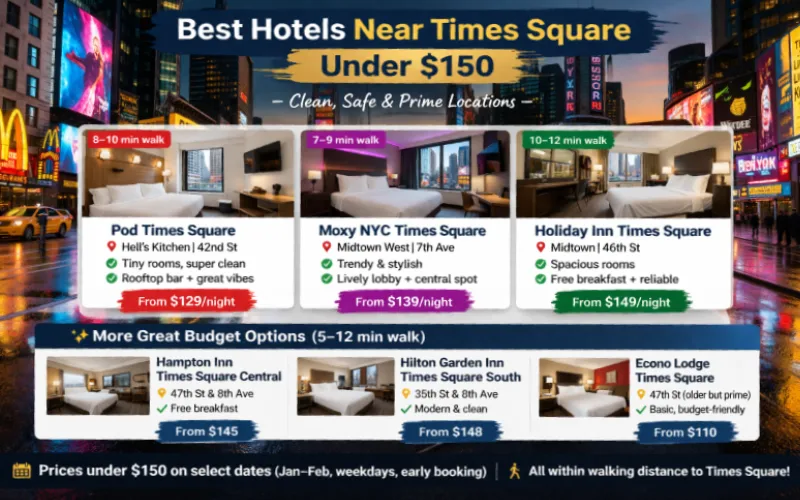 Times Square NYC at dusk with LED billboards and yellow cabs -best budget hotels near Times Square under $150 per night, honestly ranked
