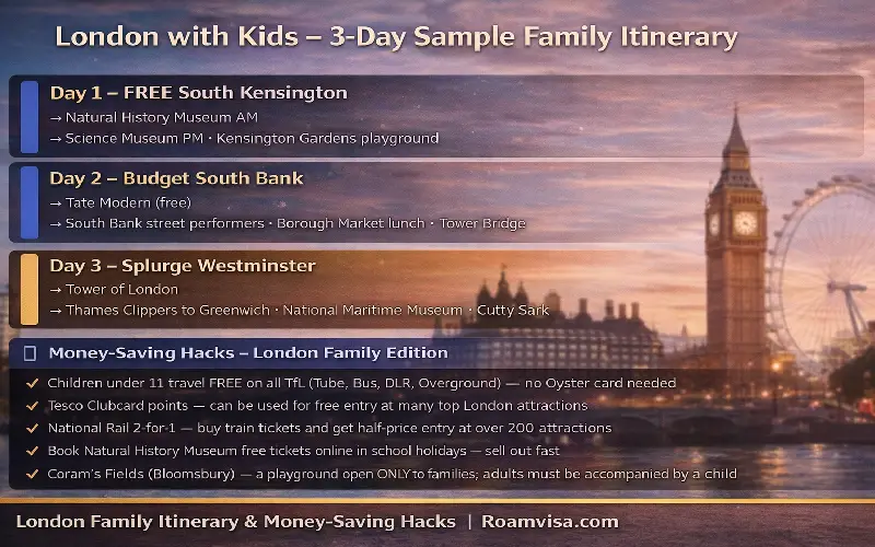 London family itinerary 3-day plan and money saving hacks at night with Big Ben and London Eye