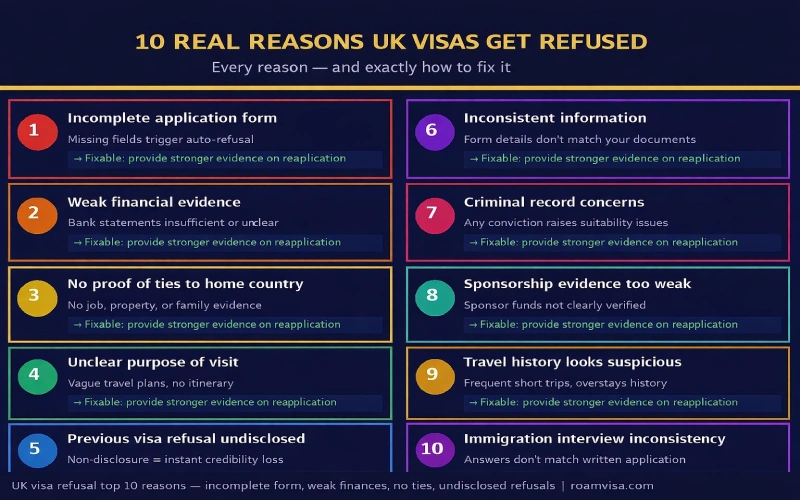 10 real reasons UK visa gets refused - incomplete form weak finances no ties undisclosed refusals criminal record sponsorship  |  roamvisa.com