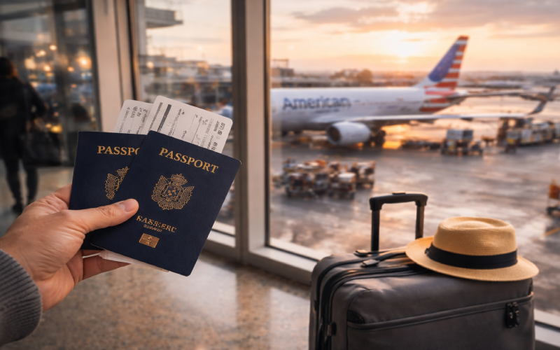 Aeroplane over Manhattan with Empire State Building and Statue of Liberty - cheapest days to fly to the USA: Tuesday 14% cheaper, Wednesday 13%, Sunday most expensive
