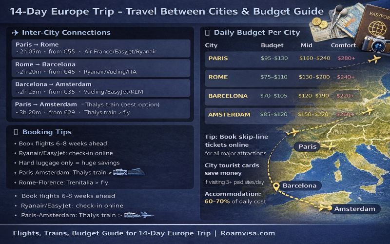 Inter-city transport connections and daily budget guide for 14-day Paris Rome Barcelona Amsterdam itinerary