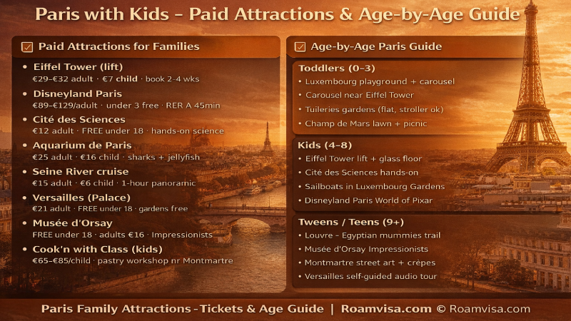Paris family paid attractions guide with ticket prices and age-by-age activity recommendations shown against a Parisian evening dusk skyline with Eiffel Tower