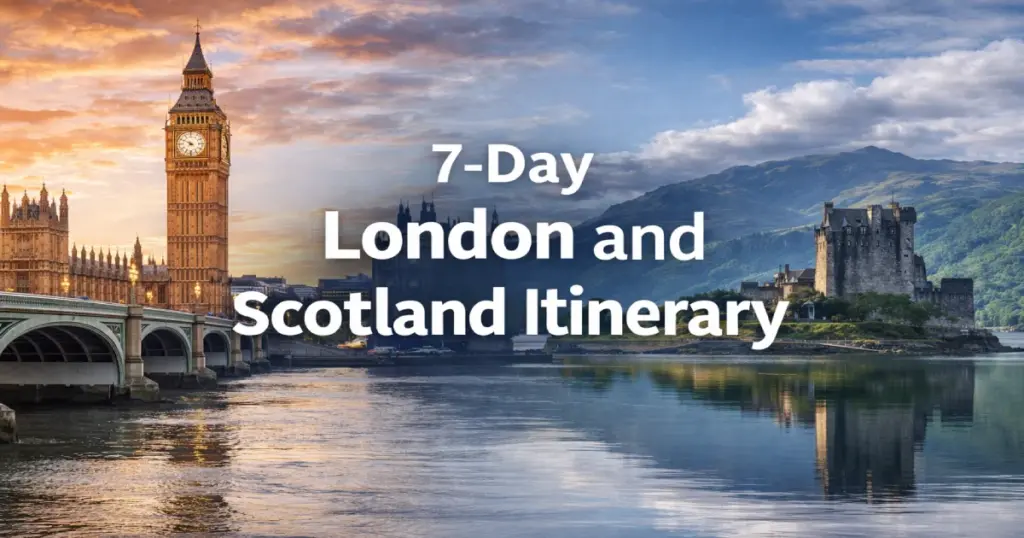 7-day London and Scotland itinerary for first-time visitors showing Big Ben Tower Bridge and Edinburgh Castle 2026 – Roamvisa.com