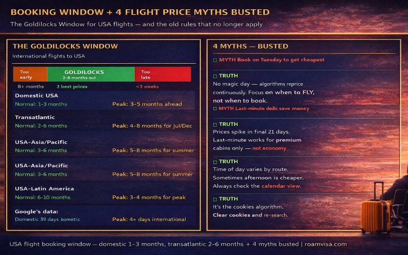USA flight booking window Goldilocks 2-6 months international plus 4 myths busted - Tuesday booking myth last minute deals myth