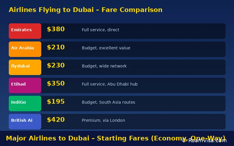 Comparison chart of major airlines flying to Dubai with starting economy fares