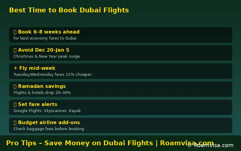 Pro tips for booking cheap Dubai flights including best booking window and day of week advice