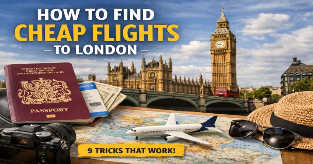 How to find cheap flights to London - aeroplane over London Big Ben Tower Bridge Thames River with flight price deals overlay