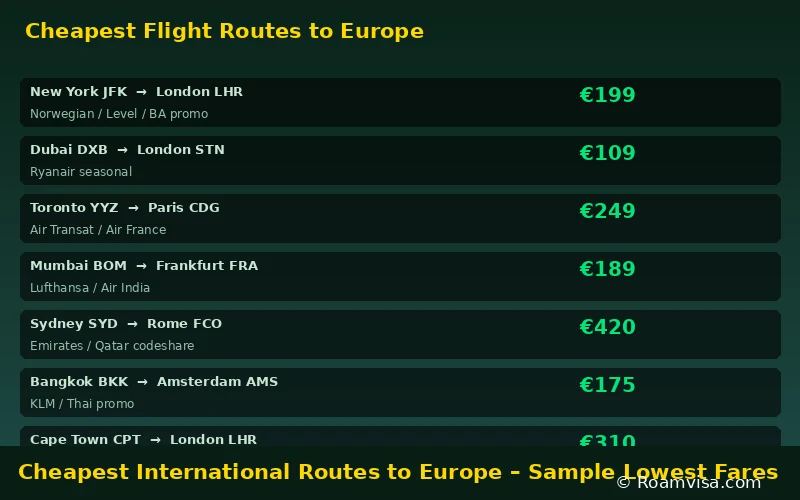 Cheapest international flight routes to Europe from New York, Dubai, Mumbai, Sydney, Bangkok and Cape Town