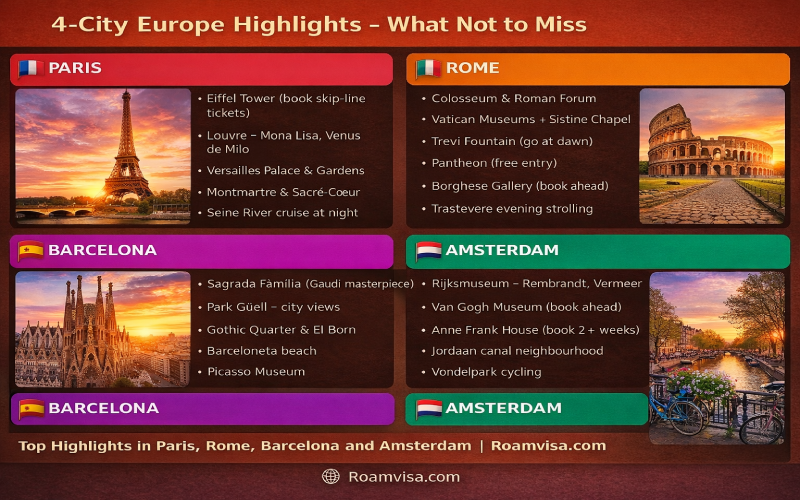 Four-city highlights grid showing top attractions in Paris Rome Barcelona and Amsterdam