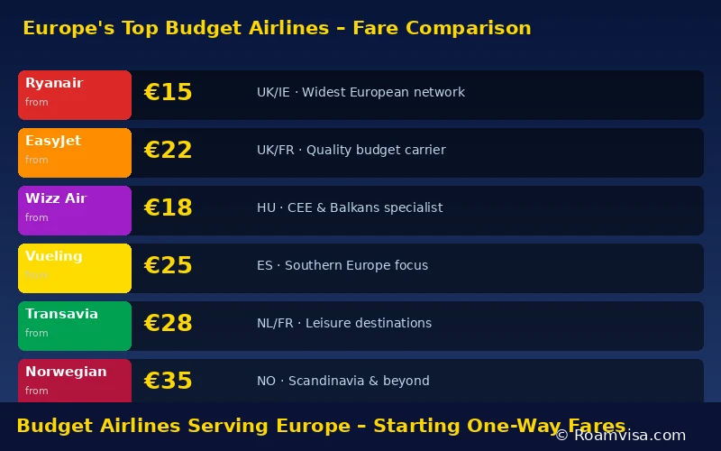 Comparison of Europe's top budget airlines including Ryanair, EasyJet, Wizz Air and others with starting fares