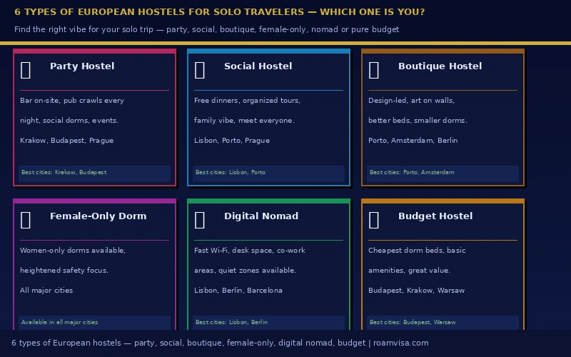 6 types of European hostels for solo travelers- party social boutique female-only digital nomad budget hostel types compared 