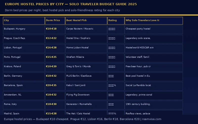 Europe hostel prices by city- Budapest €10 Prague €12 Krakow €10 Lisbon €16 Porto €15 Berlin €18 Barcelona €20 Amsterdam €18 