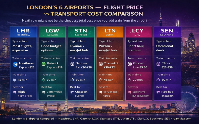 London 6 airports comparison - Heathrow LHR Gatwick LGW Stansted STN Luton LTN City LCY Southend SEN flight prices transport costs