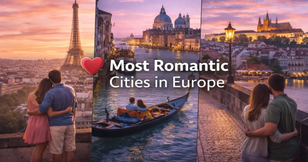 Most romantic cities in Europe Paris Eiffel Tower Seine River sunset couple
