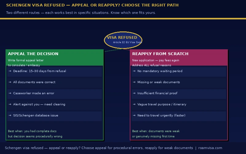Schengen visa refused - appeal vs reapply decision flow chart showing two paths under Article 32 EU Visa Code