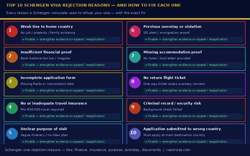 Top 10 Schengen visa rejection reasons - weak ties, insufficient finance, no insurance, vague purpose, overstay, missing documents  |  Title: Schengen Visa Rejection Reasons - Top 10 Causes and How to Fix Each One  |  roamvisa.com