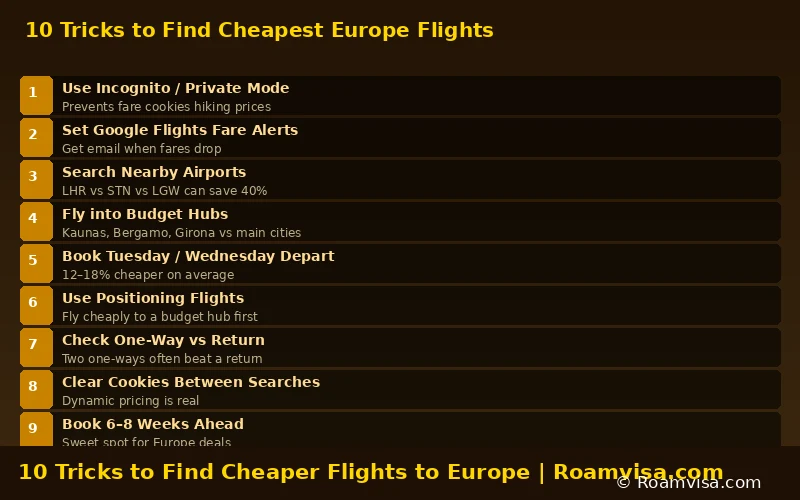 10 tricks to find cheapest flights to Europe including incognito mode, fare alerts, and budget airport tips