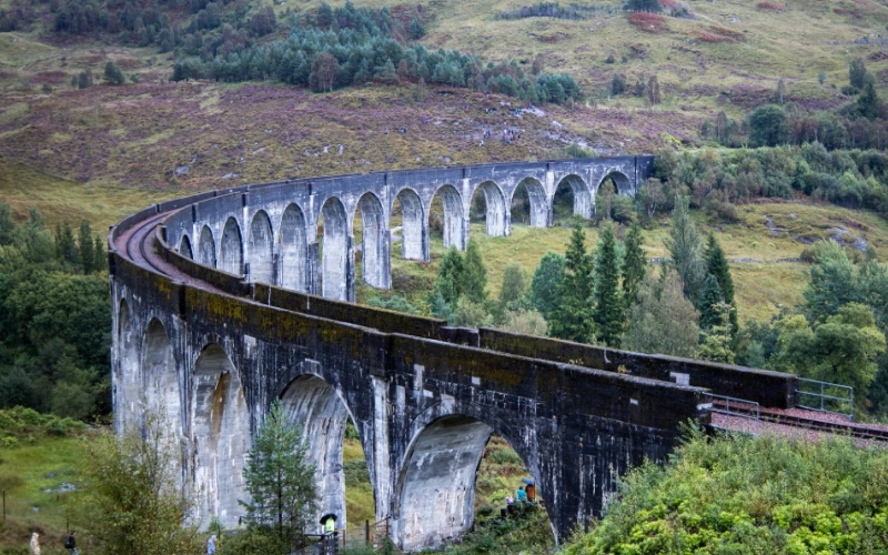 West Highland Line Scotland  train crossing Glenfinnan Viaduct scenic Highland railway route  |  roamvisa.com