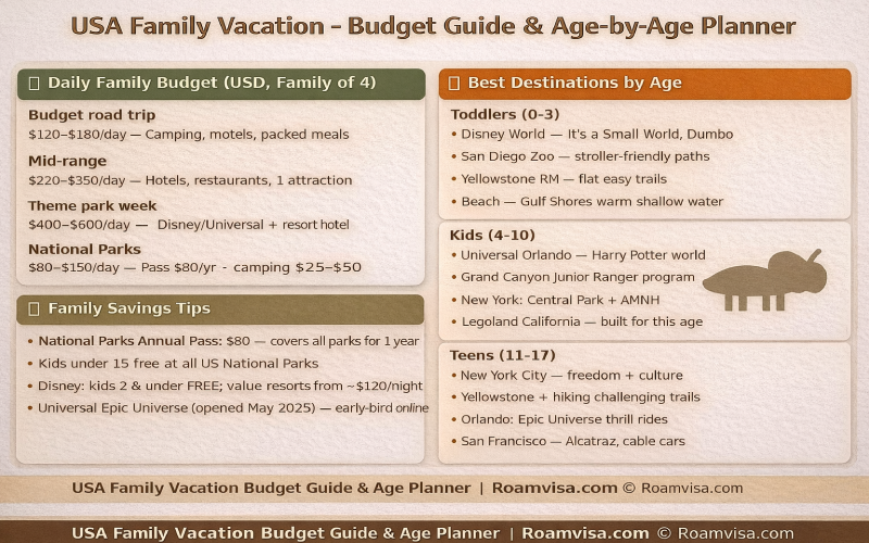 USA family vacation budget guide and age-by-age destination planner in Yellowstone hot springs landscape with bison silhouette