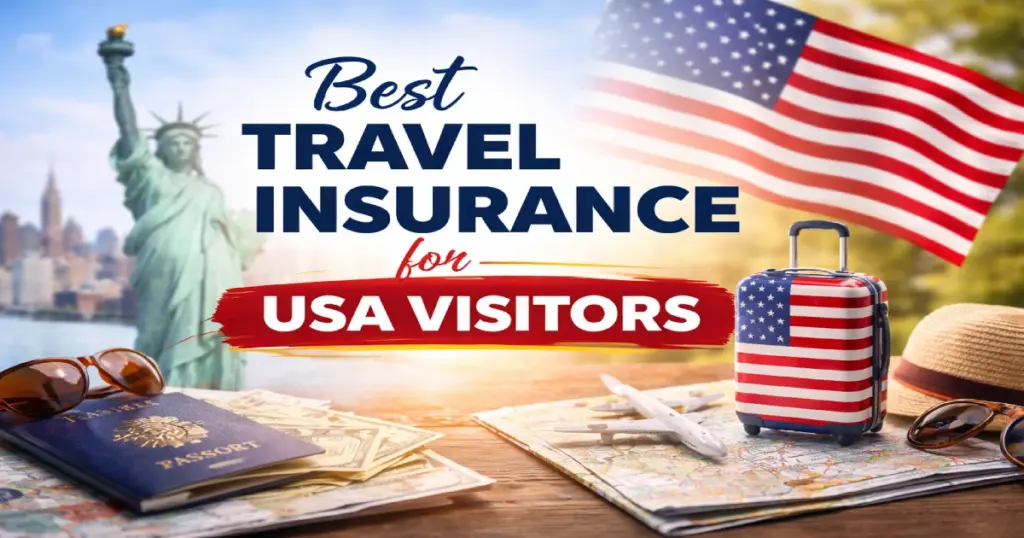 Best travel insurance USA visitors medical cover - insurance shield NYC skyline Statue of Liberty passport