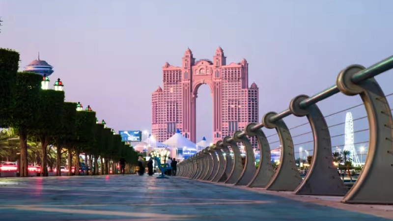 Abu Dhabi Corniche with Etihad Towers skyline and waterfront view in daylight