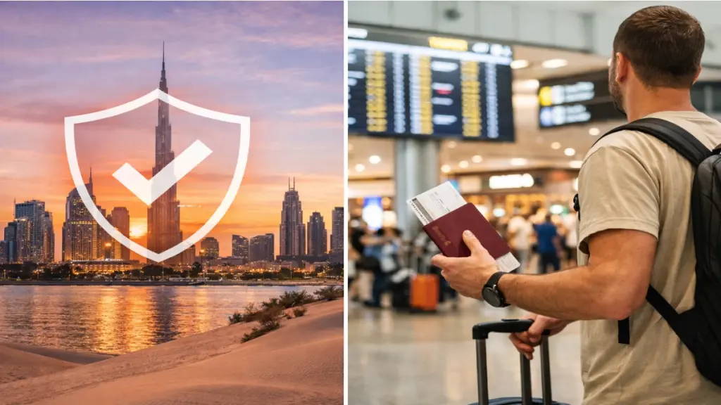 Dubai skyline with travel insurance protection concept and traveller at airport with documents