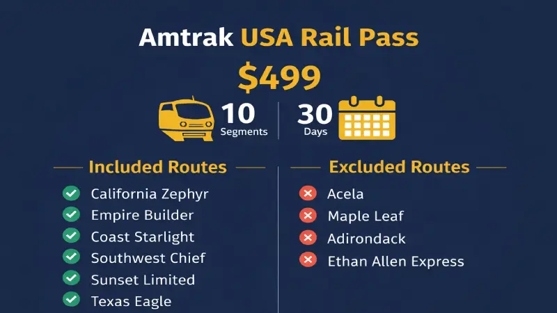 Amtrak USA Rail Pass guide  10 segments 30 days $499 coach class what is included not included