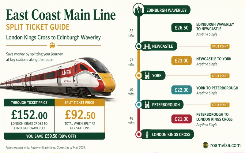UK rail route map showing split ticket journey London to Edinburgh with split points at Peterborough York Newcastle marked with individual ticket pricesv