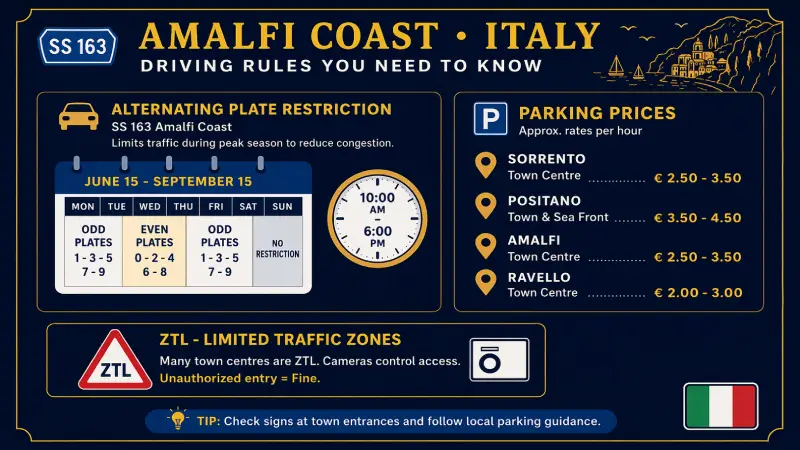 Amalfi Coast driving rules 2025  alternating licence plate SS163 parking costs ZTL zones tips Italy