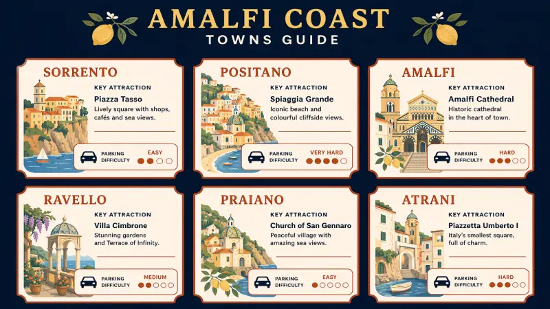 Amalfi Coast towns guide  Positano Amalfi Ravello Praiano Atrani Sorrento what to see driving stops Italy
