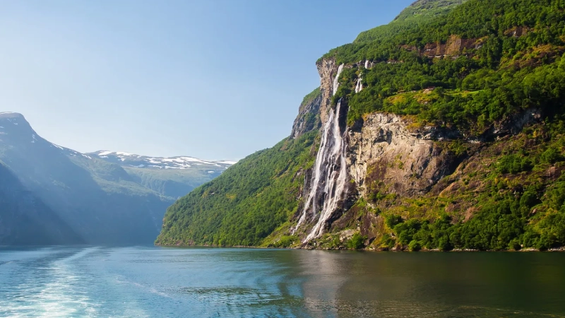 Bergen to Geiranger scenic fjord drive in Norway with waterfalls and mountainsv