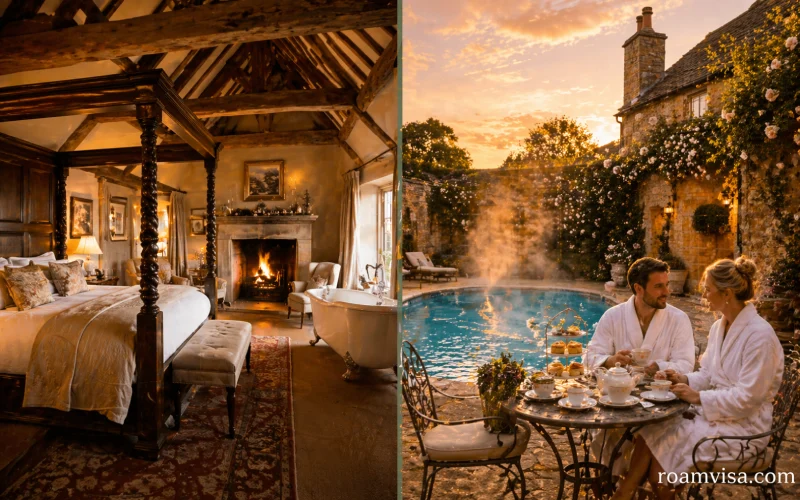Romantic Cotswolds hotel four-poster bed with log fire outdoor heated pool and honey stone spa for couples luxury break