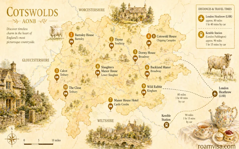 Cotswolds villages map showing best romantic hotel locations Castle Combe Broadway Tetbury Chipping Campden Kingham for couples trips
