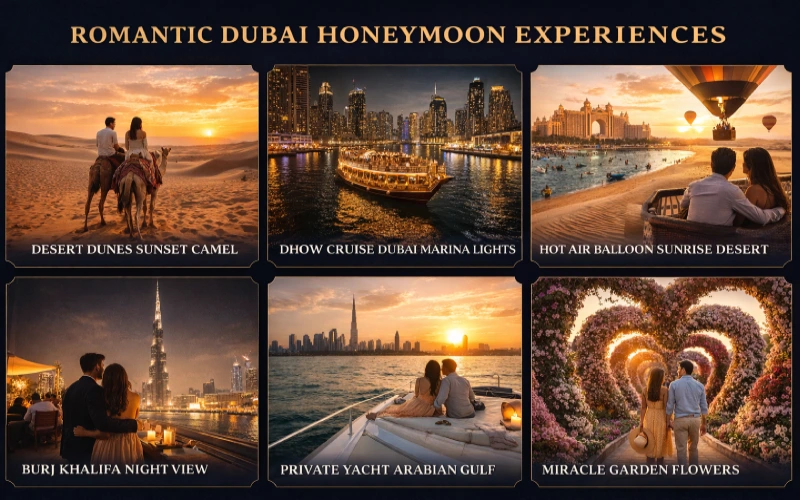 Romantic Dubai honeymoon experiences desert safari dhow dinner cruise hot air balloon Burj Khalifa private yacht