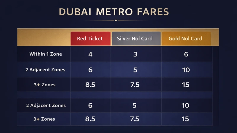 Dubai Metro Fares by Zone Silver, Gold and Red Card Prices