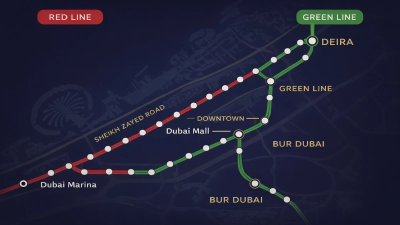 Dubai Metro Route Map 2025  Red Line, Green Line and Route