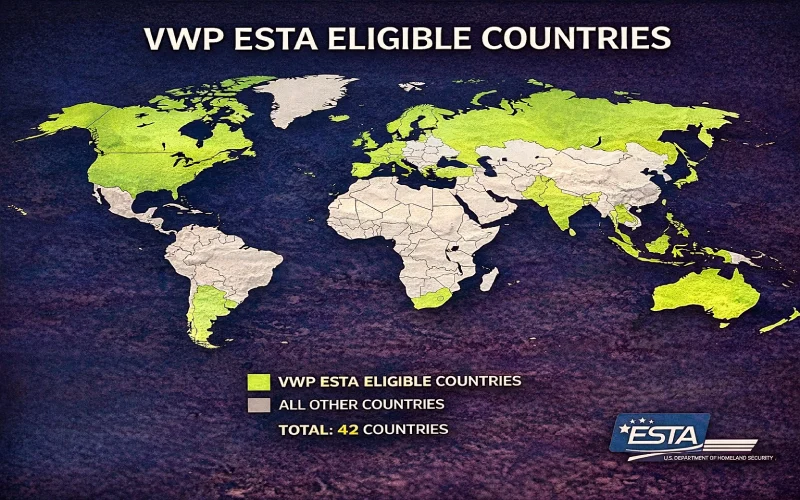 ESTA Visa Waiver Program countries map 2025 42 VWP eligible countries UK Europe Australia Japan South Korea New Zealand